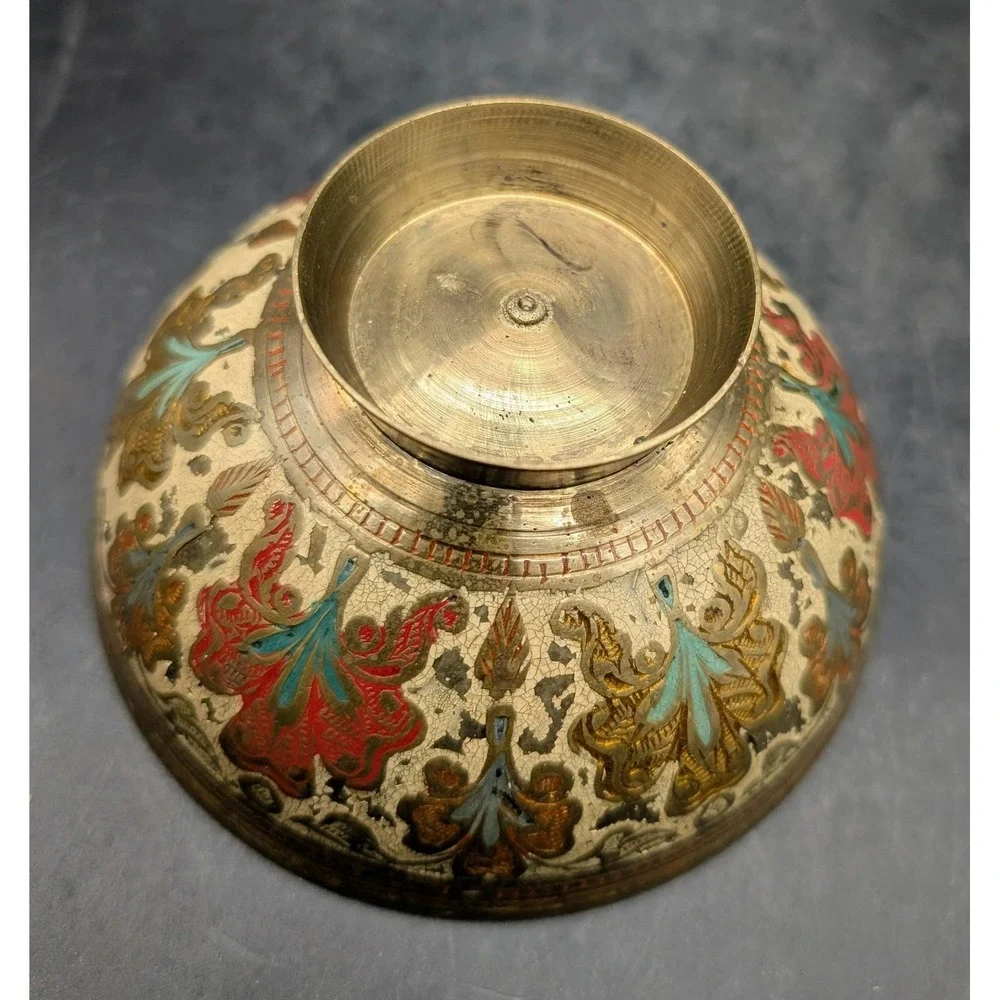 Vintage Hand Painted Brass Floral Bowl Footed Trinket Dish Red Turquoise Gold 3